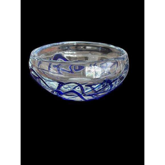 Ribbed Cobalt Blue Hand Blown Round Zig Zag Art Glass Sculpture Bowl 8” X 4” - Picture 1 of 8